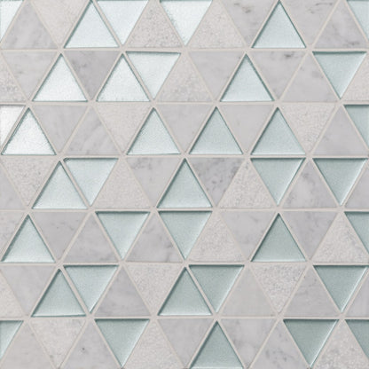 Bedrosians Kaikos 9.5" X 10" Triangle Glass/Stone Mosaic Blue & White Carrara