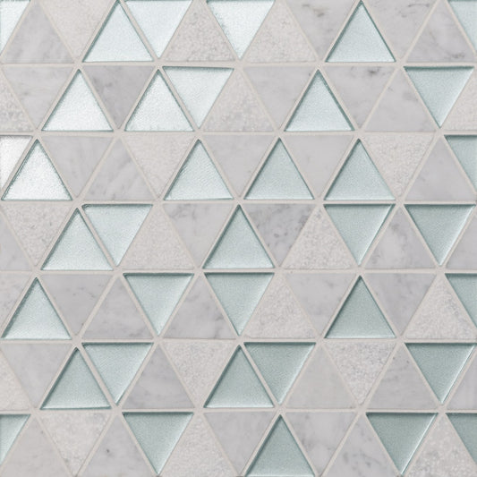 Bedrosians Kaikos 9.5" X 10" Triangle Glass/Stone Mosaic Blue & White Carrara
