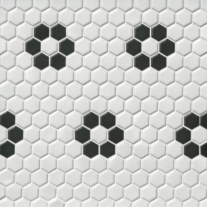 Tile Shop Hex 12x12 Mosaic 2'' Matte White/Black Flower