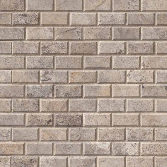 MS International Travertine 12" x 12" Mosaic 2" x 4" Silver